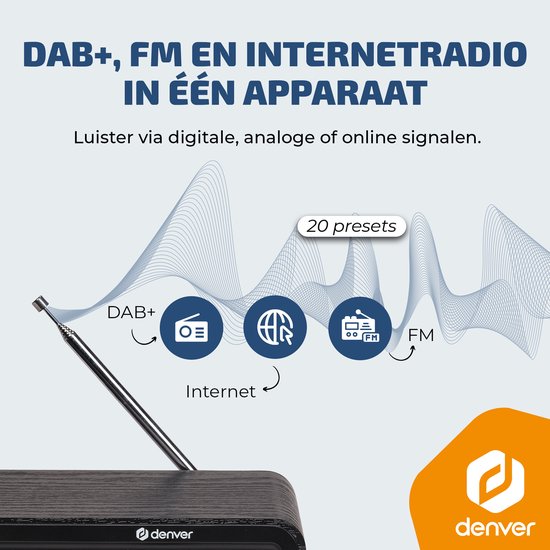 Denver DAB Internet-Radio - DAB - FM - Internet-Radio - Notfallradio - Bluetooth - Alarmfunktion - DIR200