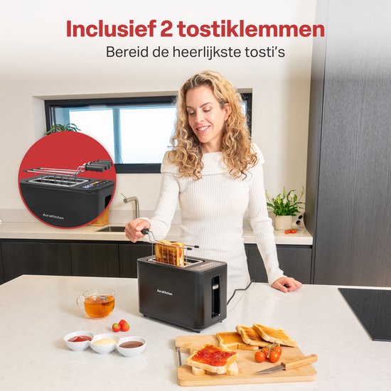 AoraKitchen Toaster - Mit Toastklammern - 6 Heizstufen - LED-Bildschirm - Timer - Schwarz