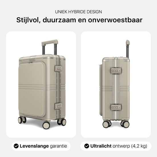 ONYX Hybrid Pro Handgepäck Koffer mit Fronttasche 38 Liter - Recyceltes Polycarbonat und reißverschlussloses Design - Reisekoffer mit TSA-Schloss und Spinner-Rädern - Leichter Trolley mit Laptop-Fach - Elfenbeinweiß