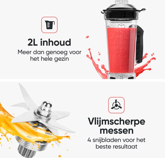 Kitchenwell Power Blender - 2000W - 2L - 9 Funktionen - Smoothie Maker - Edelstahl - Schwarz