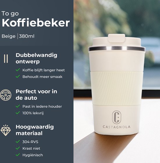 Castagnola Thermosbecher - Kaffeebecher To Go - Reisebecher für Kaffee und Tee - Teebecher - 380 ML - Edelstahl - Offwhite