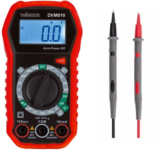 Velleman Digitalmultimeter, geeignet zum Messen von AC/DC-Strom, AC/DC-Spannung, Widerstand, Transistor, Dioden und Durchgang, einschließlich Messleitungen