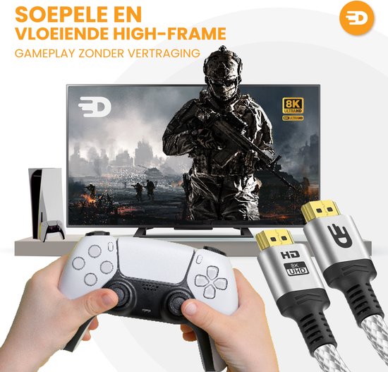 HDMI-Kabel 2.1 - Ultra HD High Speed - HDMI zu HDMI - Geeignet für Xbox Series X & PS5 - 1 Meter - Nylon - Silberweiß