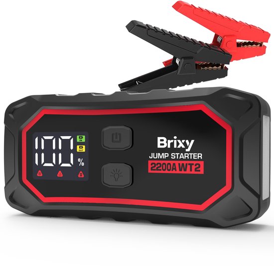 Brixy Jumpstarter für Auto - 2200A / 16.000 mAH - 4-in-1 Starthilfe - LED-Taschenlampe, SOS-Notlicht und Powerbank - Rot/Schwarz