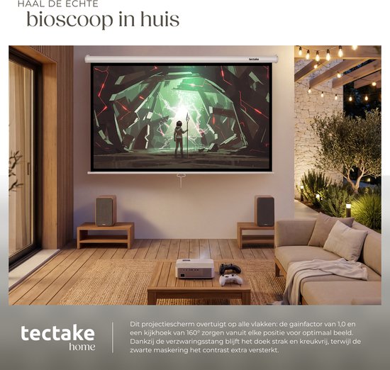 tectake® Beamer-Leinwand – 84 Zoll (214 cm) – 16:9-Projektionsleinwand – Wand- oder Deckenmontage – 4K HD – Aufrollbar – Ausziehbar – Projektionsleinwand – Präsentationsleinwand – Heimkino – Inklusive Befestigungsmaterial
