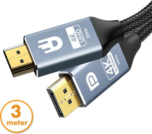 Drivv. Premium Displayport zu HDMI Kabel - 4K 30hz - Nylon - 3 Meter - Grau