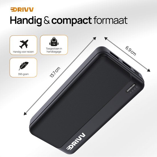 Drivv. Powerbank 20.000 mAh - Inklusive 100-W-Ladekabel - 22,5-W-Schnellladegerät - Quick Charge USB 3.0 - USB C - Geeignet für iPhone, Samsung und mehr