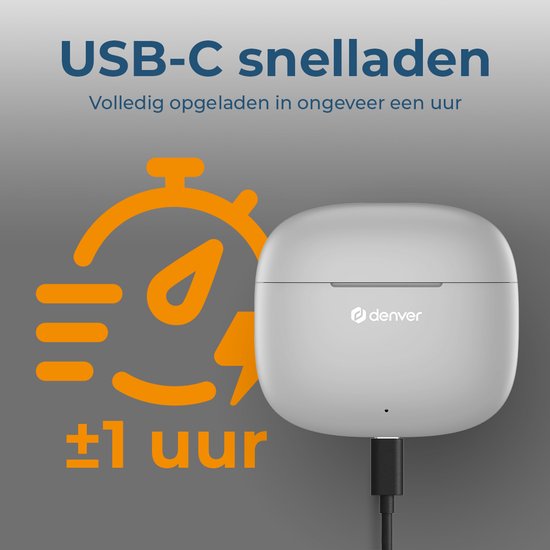 Denver Earbuds - Leichte Ohrhörer - 6 Stunden Musikgenuss - Bluetooth 5.3 - TWE48 - Grau