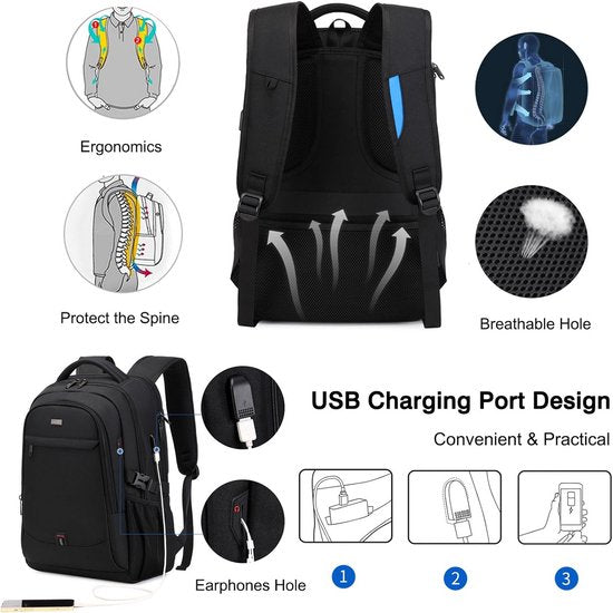 Geräumiger Laptop-Rucksack für Arbeit, Schule und Reisen mit USB-Ladeanschluss