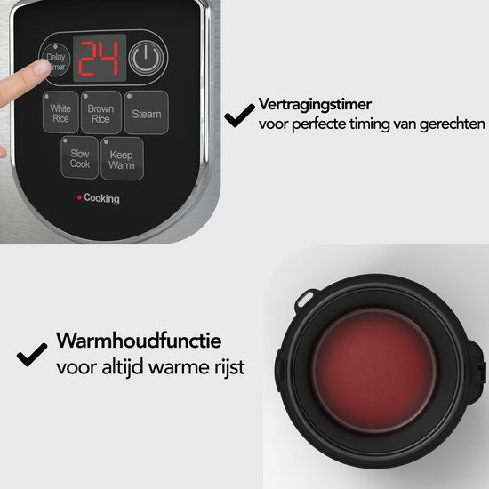 Aviro Reiskocher - Slowcooker - 1,2L - 7 Funktionen - Warmhaltefunktion - Reiskocher - Antihaftbeschichtung - Multicooker - 2-6 Personen - Edelstahl