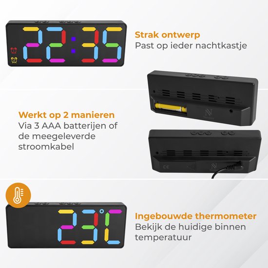 Nuvance Digitaler Wecker - Digitaluhr - Wecker für Kinder & Erwachsene - Reisewecker - Schlafzimmer - Led Wecker Digital - Schwarz RGB
