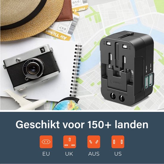 Universal World Plug 150+ Länder - International - Konvertierung - Reisestecker - Adapter - Für Amerika, Südamerika, England (UK), Asien, Europa, Afrika, Italien, Thailand, Curacao - 2x USB-C und 2x USB-A - Typ G, Leichtgewicht - Skoov