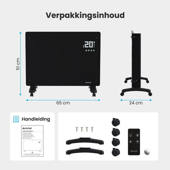 Auronic Elektroheizung - Mit Thermostat und Fernbedienung - Glasheizkörper - 1500W Heizleistung - Für Räume bis zu 20 m²- Schwarz
