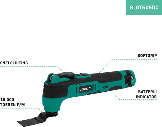 VONROC Akku-Multitool 12V - mit Spachtel, Tauchsägeblatt, Schleifblock und Schleifpapier - Inkl. Akku und USB-Kabel