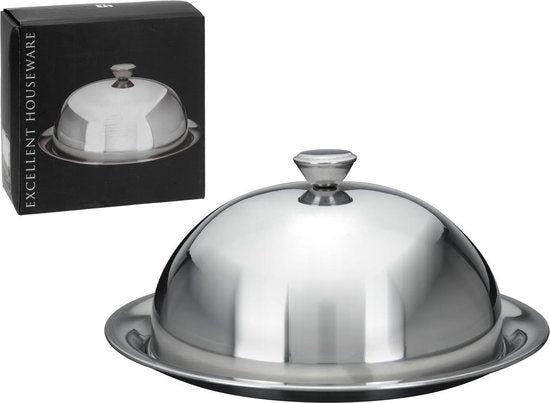 Excellent Houseware Servierschale Glocke mit Tablett - silber - Edelstahl - D25 x H12 cm - Servieren von Speisen - mit Deckel
