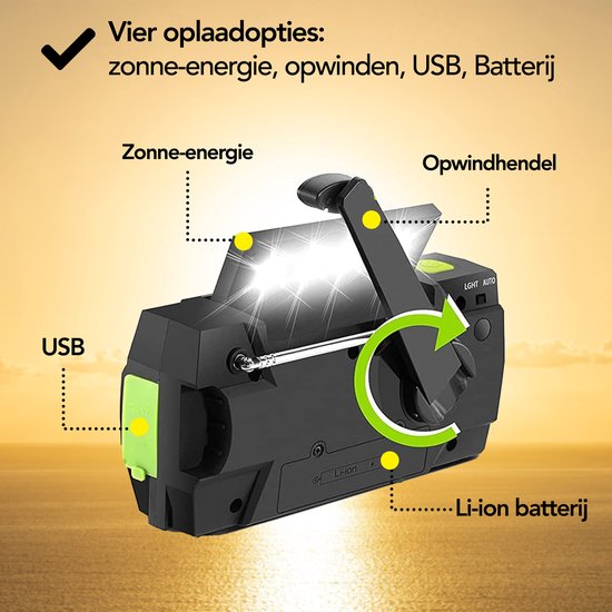 Brixy Emergency Radio - Radio mit Batterie für Notfälle - 4000 MAH - aufwickelbar - Solar - Taschenlampe - Powerbank - Grün