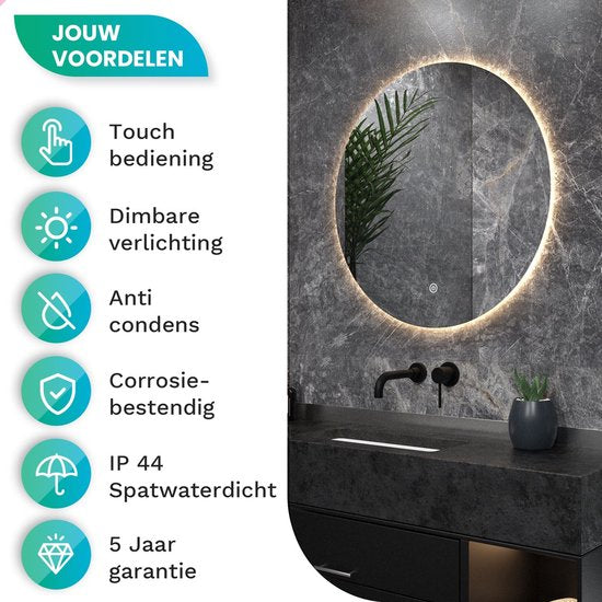 Mirlux Badezimmerspiegel mit LED-Beleuchtung & Heizung - Wandspiegel rund - Anti-Kondensations-Duschspiegel - 60CM