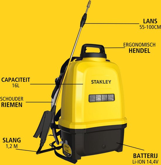 Stanley Drucksprühgerät 16 L hinten, Rückensprühgerät Garten, Drucksprühgerät, elektrisch, wiederaufladbare Lithium-Batterie, Teleskoplanze, verstellbare Düse, Autonomie 2 h, max 5 bar, 0,60 l/Minute, gelb/schwarz
