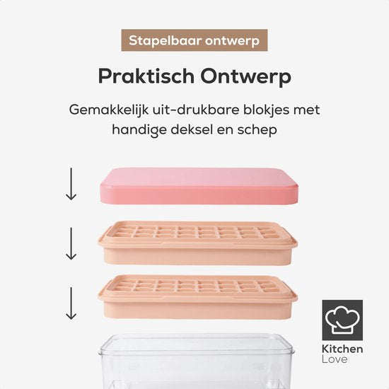 KitchenLove Eiswürfelbereiter - Eiswürfelform mit Deckel & Eisportionierer - 64 Eiswürfel