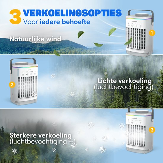 Vulpes Goods® Tech Mini Airco PRO Mobiles Klimagerät - Luftkühler 4in1 - Tischventilator - 4 Windgeschwindigkeiten - 2 Befeuchtungsmodi - Timer - Auslaufsicher - Weiß