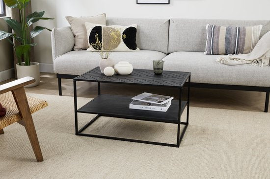 Lifa Living Couchtisch Dijon – Holz und Stahl – für den Innenbereich – Schwarz – Fischgrätmuster – 80 x 50 x 45 cm