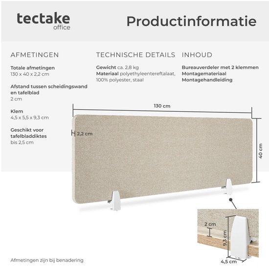 tectake® Desk Screen Divider Noisy - Mit schallabsorbierendem PET-Kern - Inklusive 2 Befestigungsclips - Größe (LxB) 130 x 40 cm - Beige