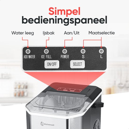 Kitchenwell Eiswürfelbereiter - 1.3L - Eiswürfelbereiter - Eisportionierer - 12kg/24 Stunden - Tragbar - Selbstreinigungsfunktion - Edelstahl