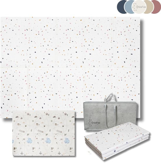 NilaFee® – Spielmatte für Babys – Spielteppich – Rutschfest – Zusammenklappbar – Aufbewahrungstasche – 150 x 190 x 1 cm – XPE – Wasserabweisend – Auto – Zug – Terrazo White