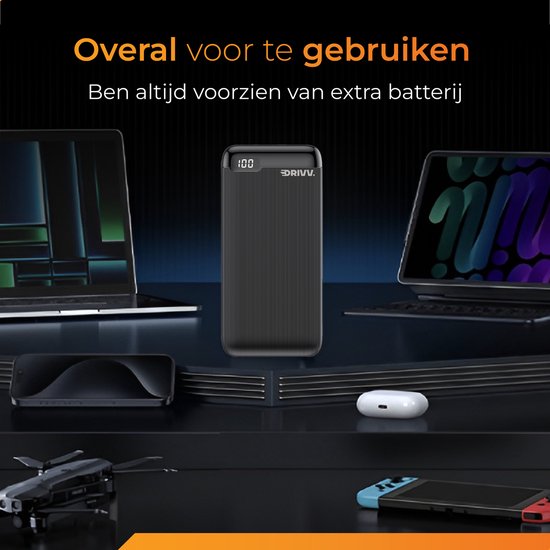 Drivv. Powerbank 20.000 mAh - Inklusive 100w-Ladekabel - 22,5W Schnellladegerät - Quick Charge USB 3.0 - USB C - Geeignet für Samsung / iPhone / mehr - LED - Schwarz, u.a.
