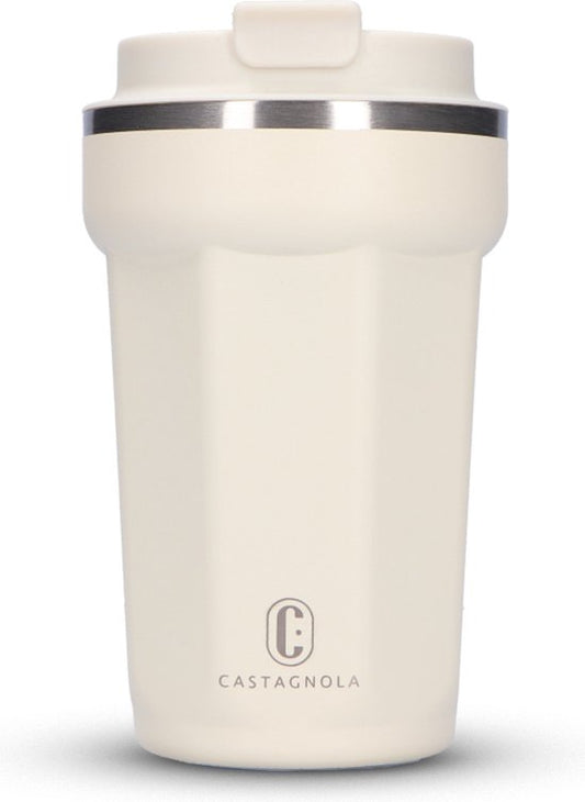 Castagnola Thermosbecher - Kaffeebecher To Go - Reisebecher für Kaffee und Tee - Teebecher - 380 ML - Edelstahl - Offwhite - Octagon