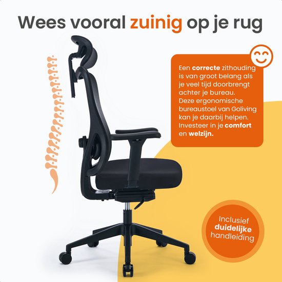 Goliving Ergonomischer Bürostuhl - Bürostuhl - Mit Kopfstütze - Bürostuhl - Verstellbar - Gaming - Für Erwachsene - NEN-1335 - Schwarz