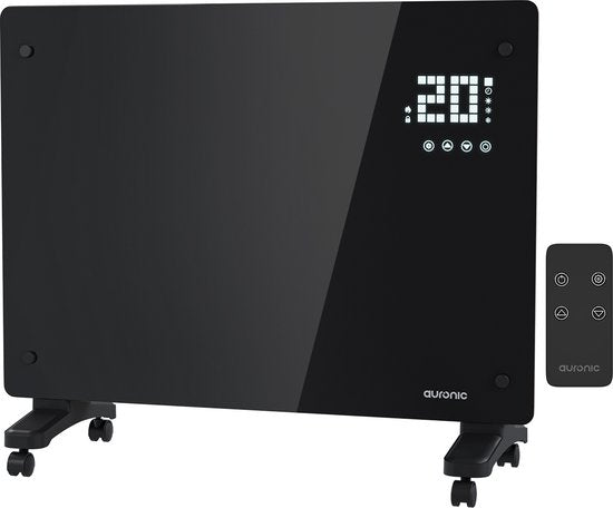Auronic Elektroheizung - Mit Thermostat und Fernbedienung - Glasheizkörper - 1500W Heizleistung - Für Räume bis zu 20 m²- Schwarz