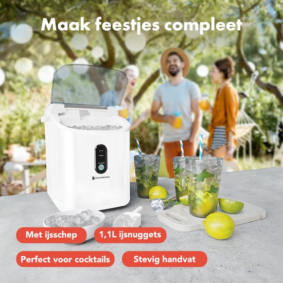 KitchenBrothers Nugget Eiswürfelbereiter - 1.1L - Crushed Ice Maker mit Eisportionierer - Tragbar - 15kg/24 Stunden - Weiß