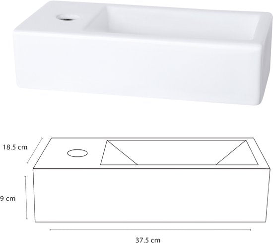Differnz Helios Waschtischset 37,5 x 18,5 x 9 cm – Waschtisch aus Keramik, weiß – Mit Kaltwasserhahn links/rechts, mattgold – Waschtischset für Toilette – Inkl. Siphon & Always-Open-Ablaufstopfen – Wandmontage