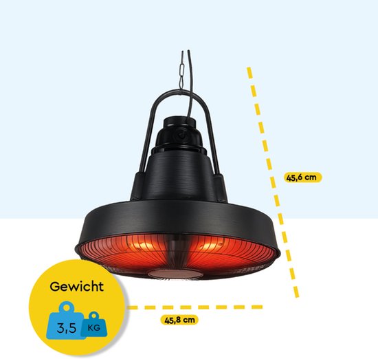 BRASQ Retro Elektrischer Terrassenheizer Pendant - 3 Heizstufen - Mit Fernbedienung - IP24 -Spritzwassergeschützt - Innen und Außen - 2000 W - Schwarz
