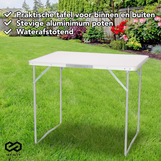 Infinity Goods Campingtisch - Klappbar - Gartentisch - 80x60x70 cm - Outdoor/Indoor - Tragegriff - Kompakt - Aluminium - Weiß