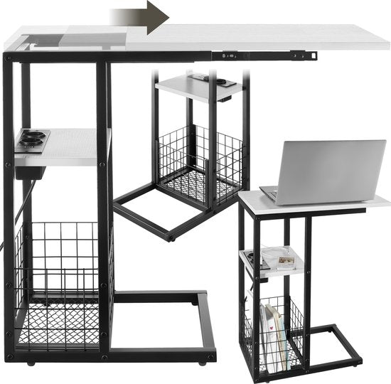 tectake Laptoptisch mit Ladestation - Inkl. Steckdose - C-förmiger Computertisch - Beistelltisch - Nachttisch - Mit Zeitungsständer und extra Ablage - Weiß