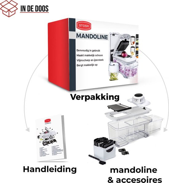 Stosh Mandoline - Gemüseschneider - Zwiebelschneider - Spiralschneider - Chipsschneider - Reibe - 6-teilig - BPA frei