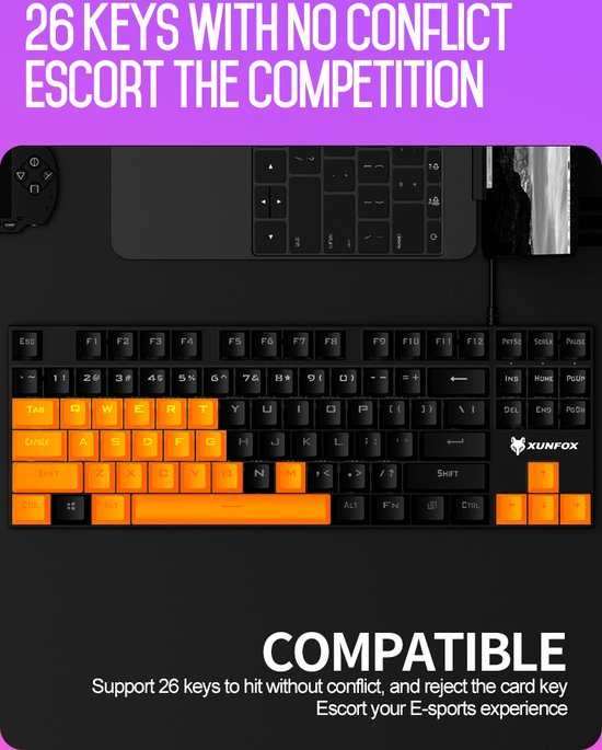 XUNFOX RGB mechanische Gaming-Tastatur - 87 Tasten - Windows/Mac - Blauer Schalter - Anti-Ghosting - Schwarz/Grau