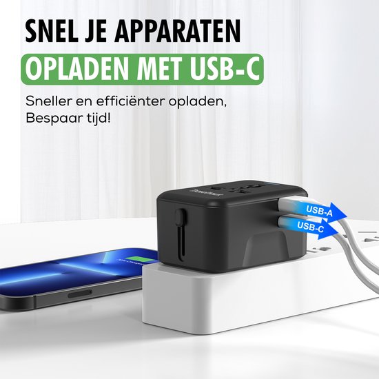 TravelHawk Universal World Plug mit USB-C und USB-Anschluss - Reisestecker - Internationaler Reisestecker für 150+ Länder - Amerika (USA) - England (UK) - Australien - Asien - Südamerika - Afrika - Weltstecker - Schwarz