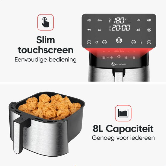 Kitchenwell AirFryer - Heißluftfritteuse - 8L Kapazität - 80-200℃ - Timer - 1800W - Schwarz
