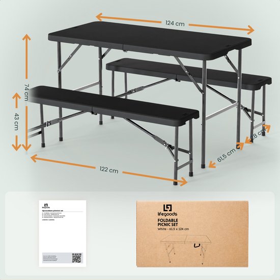 LifeGoods Zusammenklappbares Picknick-Set - 124cm x 61.5cm - Gartentisch mit 2 Bänken - Wetterfest - Campingtisch - Biertisch zusammenklappbar - Für Innen und Außen - Für 4 bis 6 Personen - Schwarz