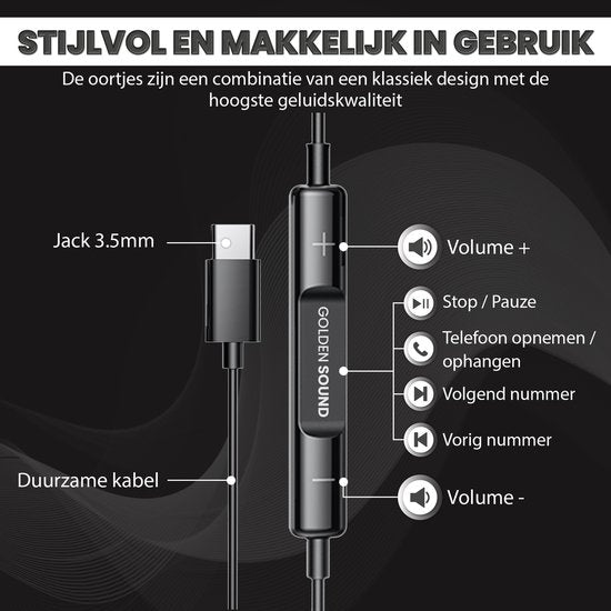 Golden Sound kabelgebundene Ohrstöpsel - Ohrstöpsel mit Kabel und Mikrofon - USB-C-Anschluss - Schwarz