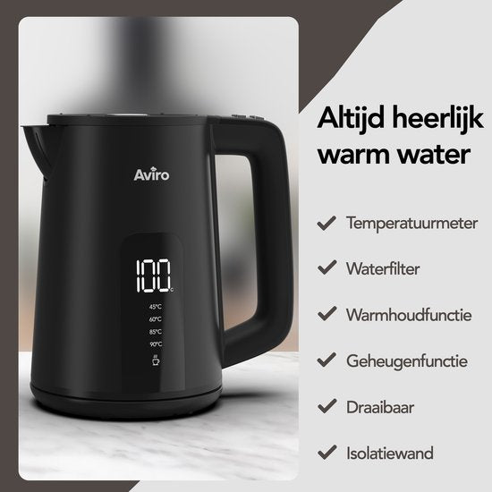 Aviro Wasserkocher mit Temperaturregelung - Heizfunktion - 1.7L - Edelstahl - Doppelwandig - Elektrisch - 2000W - Schwarz