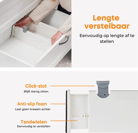 Posity Schubladenteiler - Verstellbar & ausziehbar - 4 Stück - Schubladenorganisation - 28-43,5 cm - Für Küche, Schlafzimmer & Kleidung - Kunststoff - Weiß
