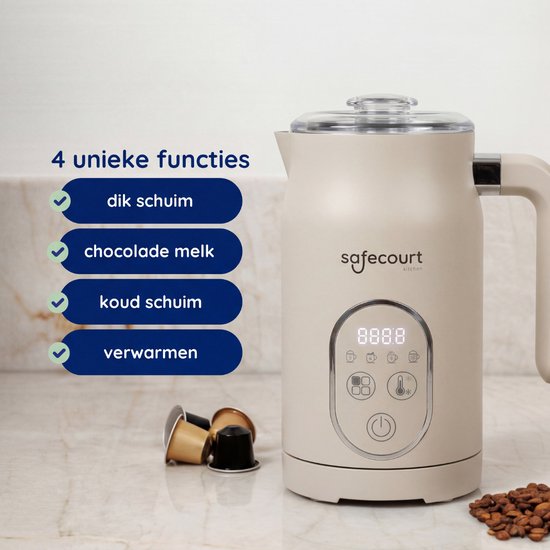 Safecourt kitchen Elektrischer Milchaufschäumer - 100% PFAS-frei - Display & Temperaturkontrolle - 4-in-1 - 350ml - Beige