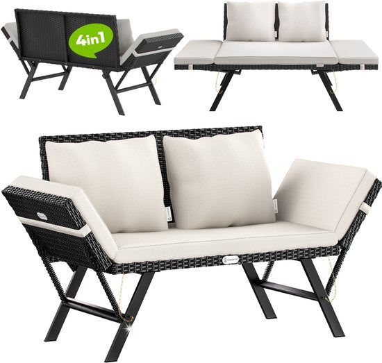 Casaria Polyrattan Gartenbank - 176 cm Verstellbar Inkl. Kissen - Schwarz