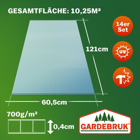 14x Polycarbonat-Platten - UV-beständig 60,5x121cm 10,25m² - Transparent