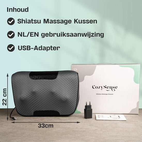 CozySense® Shiatsu-Massagekissen - Elektrisches & drahtloses Massagegerät für Nacken und Rücken - Wärmefunktion - Wiederaufladbar - Ergonomisch - Schwarz