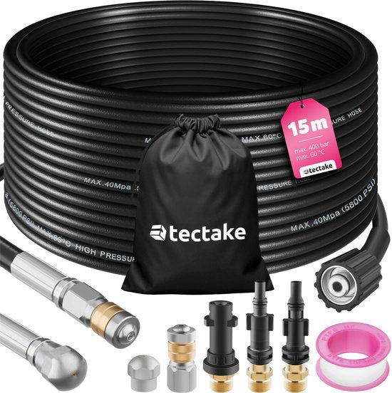 tectake Kanalisationsschlauch - Rohrreinigungsschlauch mit 2x Rohrreinigungsdüse - Abflussreiniger für Hochdruckreiniger - Rohrreinigung für Abflüsse - Kanalreiniger - Toilettenreiniger - 15 Meter
